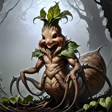 4r4chn1d, concept art, digital art, arachnid character, realistic, detailed face, mandrake inspired, (masterpiece:1.3) (best qua...