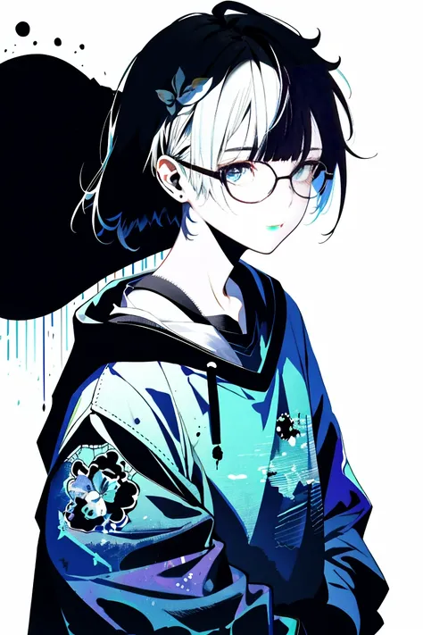 one girl,back shadow splatter,glasses,paint splatter sweatshirt,off-the-shoulder wear,alchemy research institute,mysteries of th...