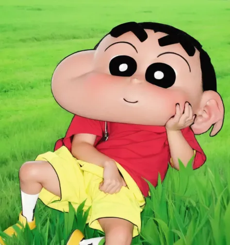 Funny boy in a red shirt and yellow shorts standing in a field, realistic.