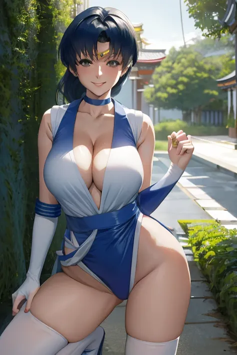 masterpiece, best quality, beautiful art, high resolution, well formed hands, body and fingers, 1 woman, solo, Sailor Mercury, sailor collar, blue makeup, elbow gloves, sailor senshi uniform, hair ornament,  adult, grown up, big breasted, cleavage,  full b...