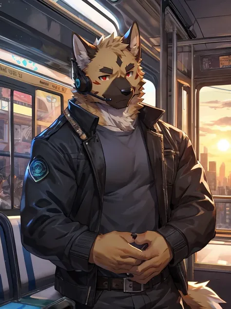 embedding:German Shepherd Dog, male,red eyes,Single person,The side,In the carriage,Look outside,Outside the train is the city.Headset,,Black jacket,The game CG,Illustration,On the tram,The setting sun,Alone,A melancholy atmosphere,Artistic tones,Stand by ...