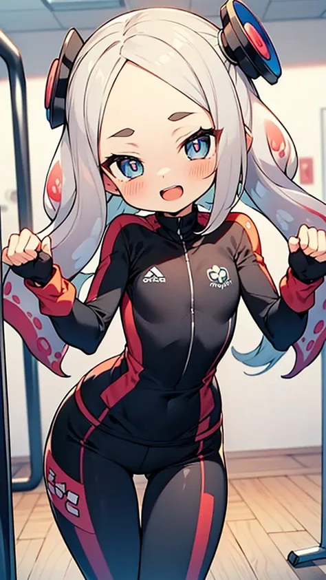 Super skillful anime illustration,Boxercise at the gym,
splatoon style,cute girl,white long Hair,shiny delta forehead,Bangs parted in middle of forehead,blue eyes,white battle suit,baby face,Macaron-shaped headgear,open mouth smile,thigh gap,