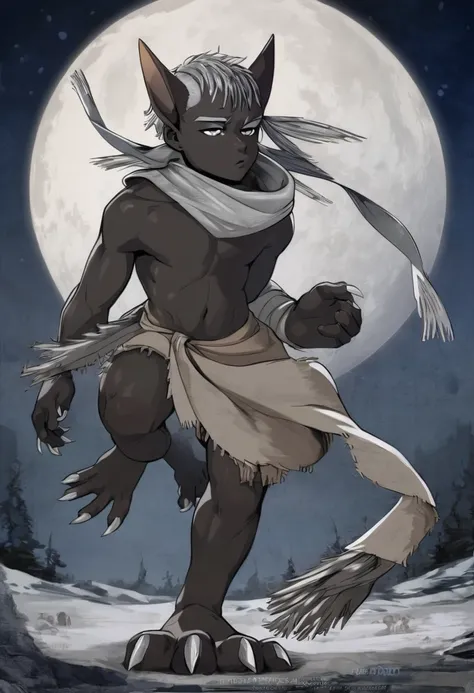 A full-length work of art in the Dc-Comics style, a beautiful young short black  boy with black skin tone his skin is smooth without hair, 15-year-old, beautiful shredded white silver Mullet hair, with wolf ears hairy, with silver eyes, their expression is...