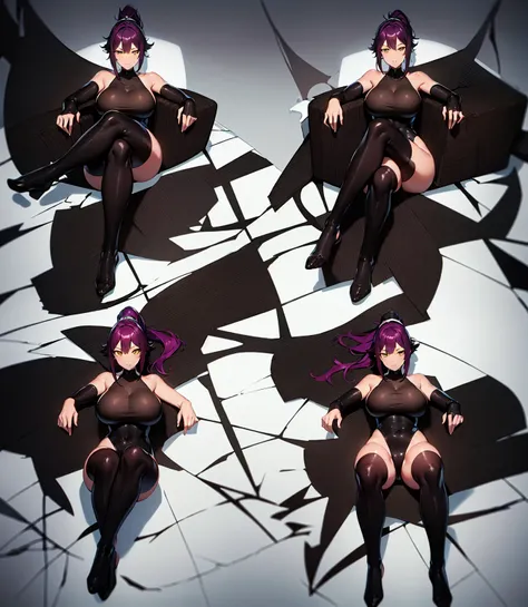 1girl, ((sofa)), ((sitting)), legs crossed, bodysuit, black bodysuit, bare arms, bare shoulders, (large breasts:1.2), yoruichi shihouin, dark skin, dark-skinned female, ponytail, purple hair, yellow eyes, (black leotard:1.4), thighhighs, full body, ((Leg C...