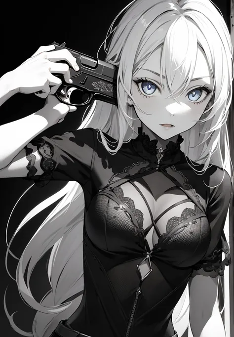 1 girl, masterpiece, Best Quality, g2h, pistol a la cabeza, pistol, holding the gun, cowboy shot, Grinding, safe, perfect face,expressive eyes,devil, craziness, High details, instead,contrast, darkness, mature woman