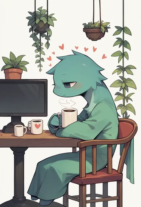 SD Main, Flat Illustration,
masterpiece, Highest quality,,No humans, Mug, plant, ox, cup, Chair, heart, potted plant, White Background, coffee Mug, Sitting, alone, play video games, monitor
 