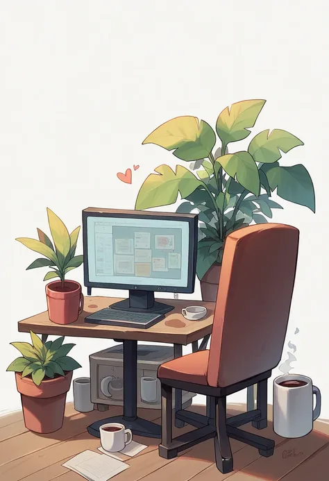 SD Main, Flat Illustration,
masterpiece, Highest quality,,No humans, Mug, plant, ox, cup, Chair, heart, potted plant, White Background, coffee Mug, Sitting, alone, play video games, monitor
 