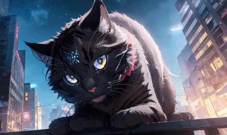 score_9,(best quality,4k,8k,highres,masterpiece:1.2),a ultra-gigantic cat sits on a building, crowd, city, from below, cinematic angle, anime, ultra-detailed,vivid colors,dramatic lighting,