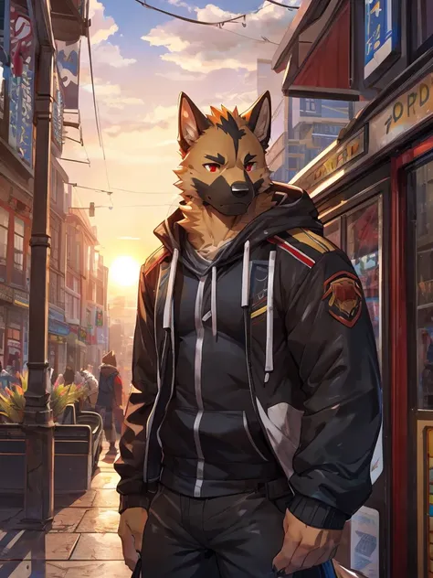 embedding:German Shepherd Dog, male,red eyes,Single person,The side,In the carriage,Look outside,Outside is the city,Hoodie,Without a hood,The game CG,Illustration,On the tram,The setting sun,Alone,A melancholy atmosphere,Artistic tones,Stand by the window...