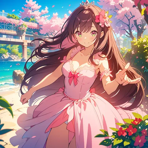 kawaii, anime, Cute, hyper quality, highly detailed, 8k, Clarity, dark brown long hair, pink bougainvillea, green eyes, droopy pink bougainvillea flower garden, bougainvillea, Ocean View, beach, pink wedding dress, light shines in, pink bougainvillea flowe...