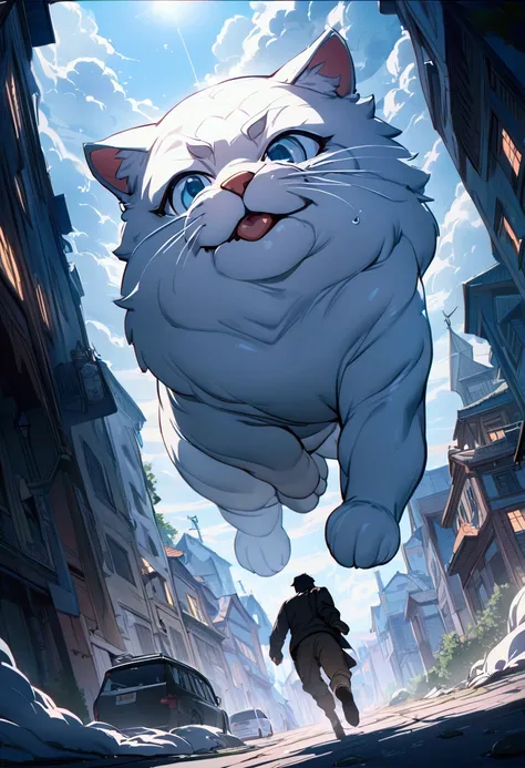 (best quality,4k,8k,highres,masterpiece:1.2),A crying boy running away towards us through the town almost being trampled by a ultra-gigantic cats paw, cinematic angle, anime, ultra-detailed,vivid colors,dramatic lighting,