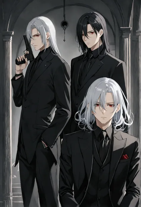 2 men、(Silver hair with one eye hidden by long hair、Long Hair、Black clothes、Black coat、first round、Red eyes)、(Shoulder-length bob black hair、Black suit、Black tie、black eye)、Expressionless、look down、Ready your gun?、Near future