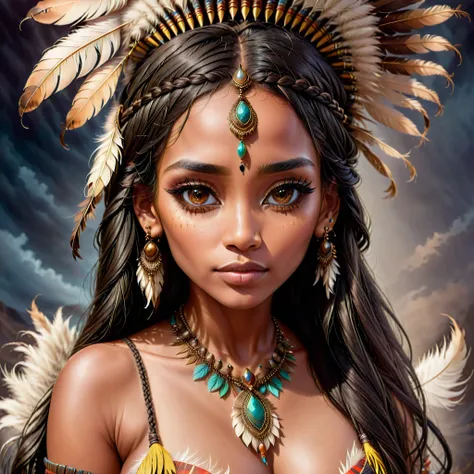 Realistic image of a woman, alone, with long hair, looking at the viewer, black hair, brown eyes, jewelry, braid, earrings, dark skin, necklace, mole, dark-skinned woman, lips, tattoo, feathers, headdress, facial tattoo, Native American