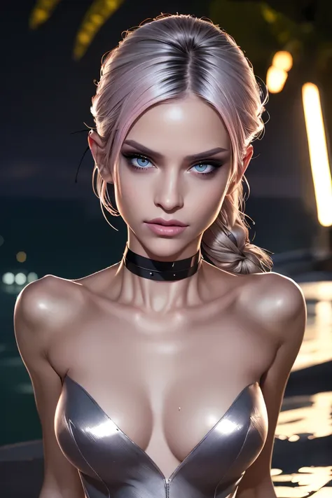 Photograph of an extremely slim and muscular female succubus wearing an intricate and revealing gothic evening dress with tight, see-through skin, lip biting, thick neon lip gloss, lip glaze, shiny skin, wet, sexy, looking at the viewer, eyes to the camera...