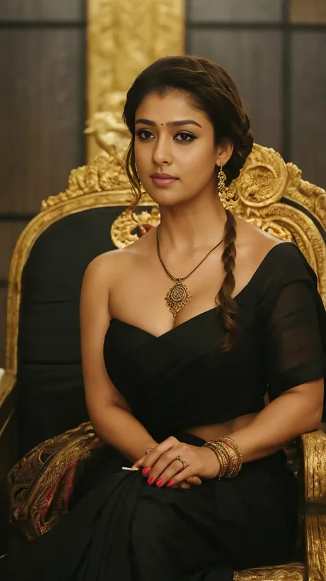 extreme close up photo of nayanthara, hourglass figure, swooping breasts, deep cleavage, sitting royal pose on throne in temple, seductive eyes, sultry, French braid hair, black saree, necklace, (cinematic:1.3), intricate details, (ArtStation:1.2)