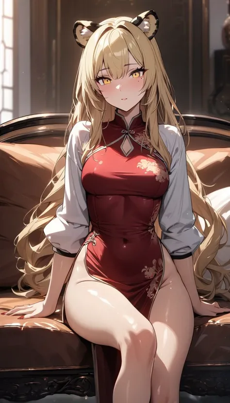 1girl、(((best quality)), ((masterpiece)), (details), masterpiece, best quality, high quality, ulutra detailed, perfect face, ((1girl, blond eyes, tiger ears: 1.3 blond long hair: 2.5,Mole under left eye：2.0))、Shiny Hair、Glowing Skin、Lustful look、China dres...