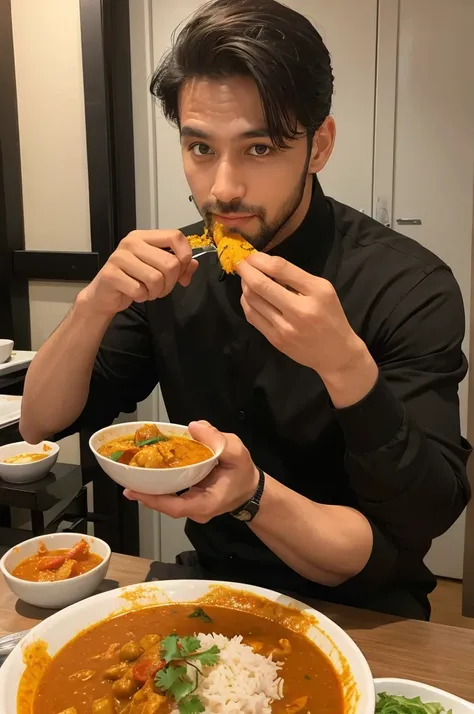 Handsome man eating curry with his hands instead of a spoon