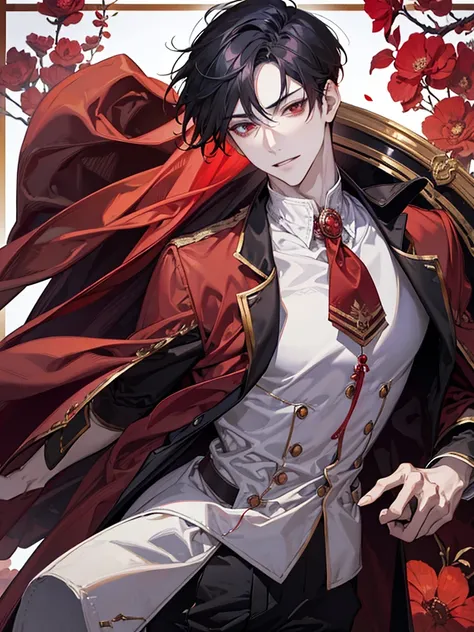 boy, red eyes, red curry hair. sadistic, t shirt. he so arrogant. handsome man. very short hair. like a man. gentleman. like a prince, background in mansion, kind smiling. he is vampire noble. have bangs