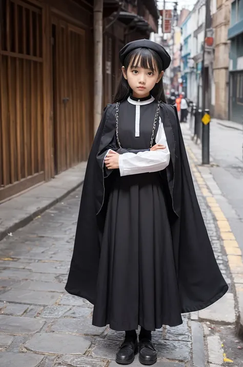 A girl carrying a wide wooden board on her shoulder（you can、The girls neck and both wrists pierce the planks、Detained）、Priestessess（Black monastic vestments、Stuffed collar、blouse、Long skirt、Knee-high socks、Long gloves）、prison（prohibit、Cobblestones、chain）