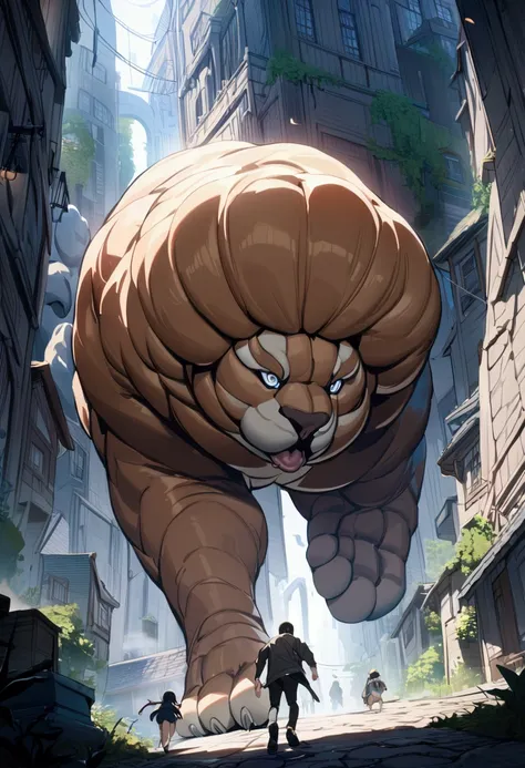 (best quality,4k,8k,highres,masterpiece:1.2),A crying boy running away towards us through the town almost being trampled by a ultra-gigantic cats paw, cinematic angle, anime, ultra-detailed,vivid colors,dramatic lighting,