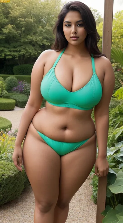 Indian beautiful woman sexy curvy plus size model wearing modern diferrent color bikini front facing to camera in standing position, curvy plus size figure,big m-cup breasts, bright eyes, thin eyebrows, fair skin, blushing cheeks, prefect curvy body, head ...