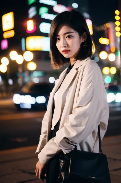 (Cinematic Aesthetic:1.4) Photo of a beautiful korean fashion model bokeh city night