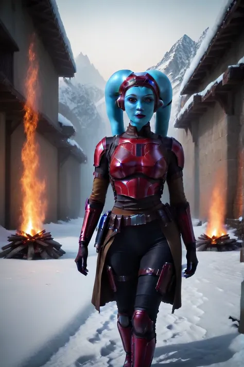 a ((fall body)) hera syndulla
 ((female twilek ))mandalorian,walking on snow fire, beautiful detailed eyes, beautiful detailed lips, extremely detailed face, long eyelashes, mandalorian armor, sci-fi, cinematic lighting, dramatic, epic, intricate details, ...