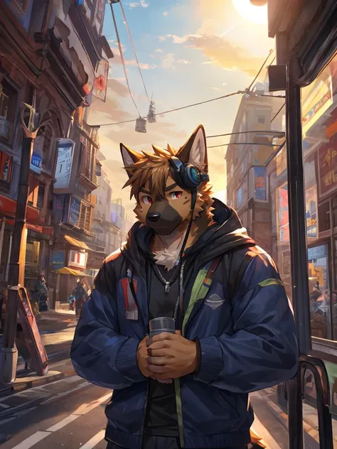 embedding:German Shepherd Dog, male,red eyes,Single person,The side,In the carriage,Look outside,Outside is the city,Hoodie,Without a hood,The game CG,Illustration,On the tram,The setting sun,Alone,A melancholy atmosphere,Artistic tones,Stand by the window...