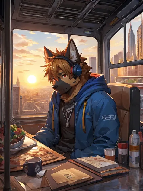 embedding:German Shepherd Dog, male,red eyes,Single person,The side,In the carriage,Look outside,Outside is the city,Hoodie,Without a hood,The game CG,Illustration,On the tram,The setting sun,Alone,A melancholy atmosphere,Artistic tones,Stand by the window...