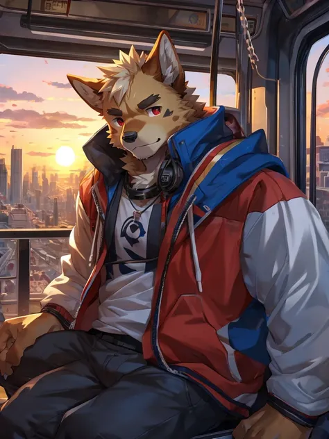 embedding:German Shepherd Dog, male,red eyes,Single person,The side,In the carriage,Look outside,Outside is the city,Hoodie,Without a hood,The game CG,Illustration,On the tram,The setting sun,Alone,A melancholy atmosphere,Artistic tones,Stand by the window...