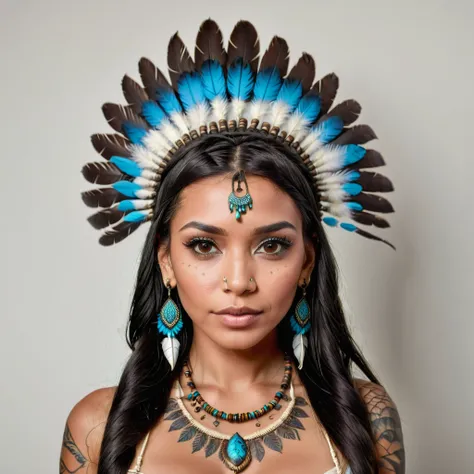 Realistic image of a woman, alone, with long hair, looking at the viewer, black hair, brown eyes, jewelry, braid, earrings, dark skin, necklace, mole, dark-skinned woman, lips, tattoo, feathers, headdress, facial tattoo, Native American