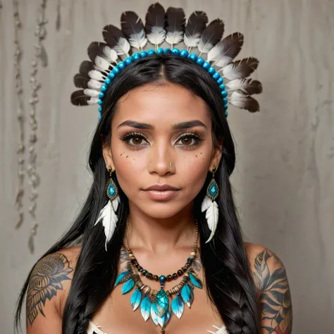 Realistic image of a woman, alone, with long hair, looking at the viewer, black hair, brown eyes, jewelry, braid, earrings, dark skin, necklace, mole, dark-skinned woman, lips, tattoo, feathers, headdress, facial tattoo, Native American