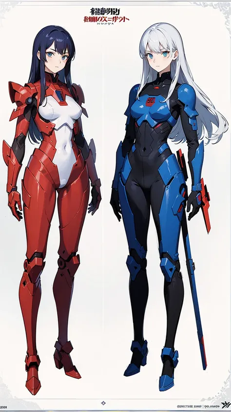 (((full body photo))), red blue and white color, femboy wearing a lightly armored jumpsuit, science fiction themes, chest armor, Gundam, best quality, official art, Sketch line diagram, blue eye, front view, view rear, and side view of the character, Long ...