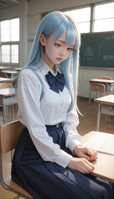 1 Girl, Light blue long hair, Dark Blue, Sitting in the classroom, Black school modern, Japanese cartoons