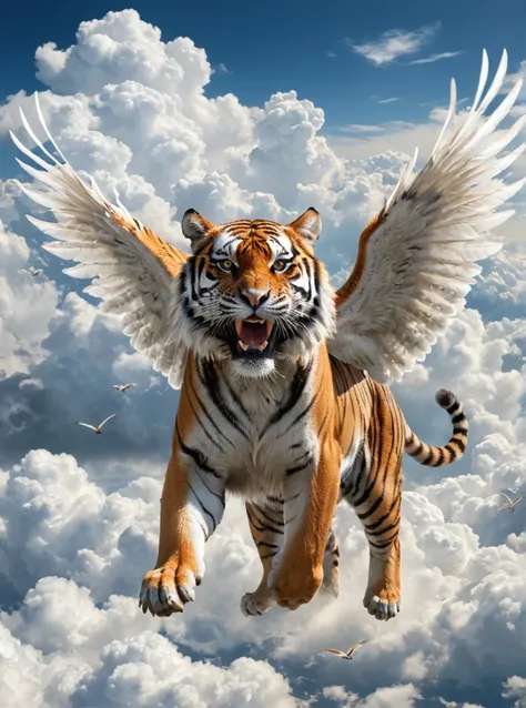 winged tiger soaring through the sky、a tiger running through the white clouds、come this way、it has large white wings on its back...