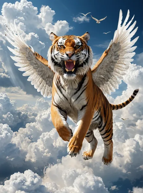 winged tiger soaring through the sky、a tiger running through the white clouds、come this way、it has large white wings on its back...