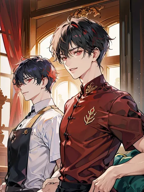 boy, red eyes, red curry hair. sadistic, t shirt. he so arrogant. handsome man. very short hair. like a man. gentleman. like a prince, background in mansion, kind smiling. he noble. have bangs