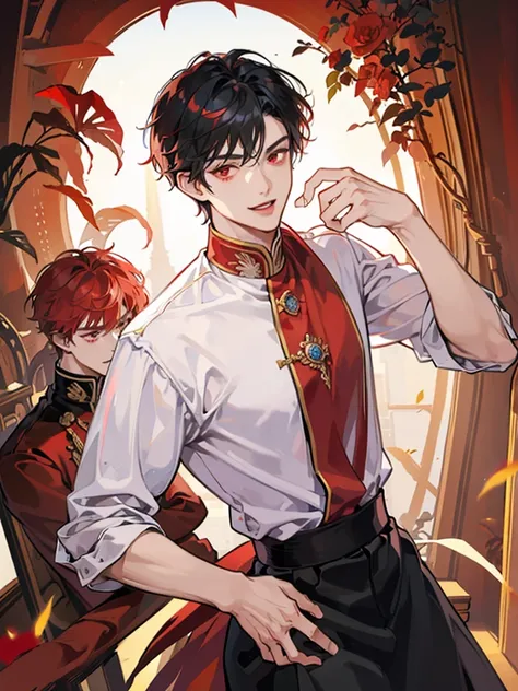 boy, red eyes, red curry hair. sadistic, t shirt. he so arrogant. handsome man. very short hair. like a man. gentleman. like a prince, background in mansion, kind smiling. he noble. have bangs