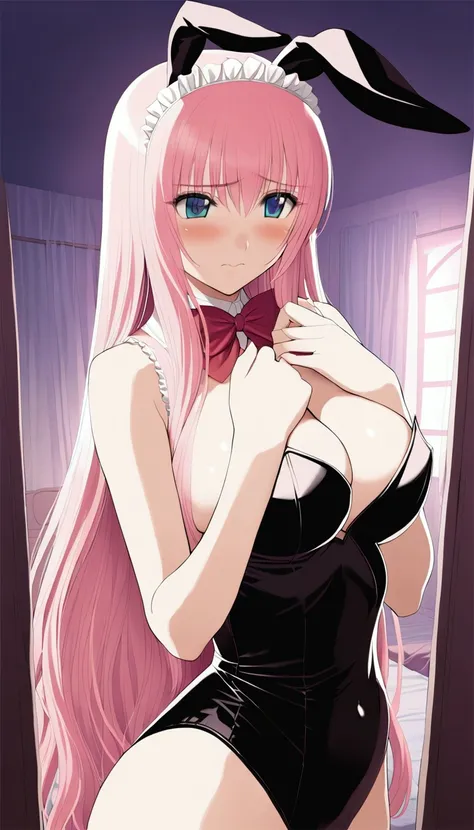 masterpiece,Beautiful adult woman ,Megurine Luka,Big Breasts,Bunny girl,Black leotard,Pink long hair,blue eyes,Embarrassed expression,blush,Bedroom,front,Complete human body