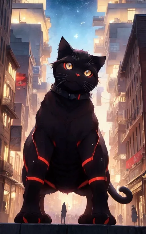 score_9,(best quality,4k,8k,highres,masterpiece:1.2),a ultra-gigantic cat sits on a building, crowd, city, from below, cinematic angle, anime, ultra-detailed,vivid colors,dramatic lighting,