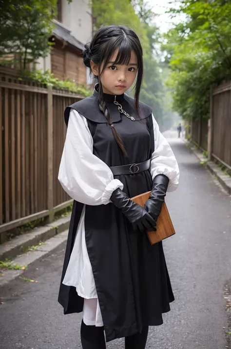 A girl carrying a wide wooden board on her shoulder（you can、The girls neck and both wrists pierce the planks、Detained）、Priestessess（Black monastic vestments、Stuffed collar、blouse、Long skirt、Knee-high socks、Long gloves）、prison（prohibit、Cobblestones、chain）