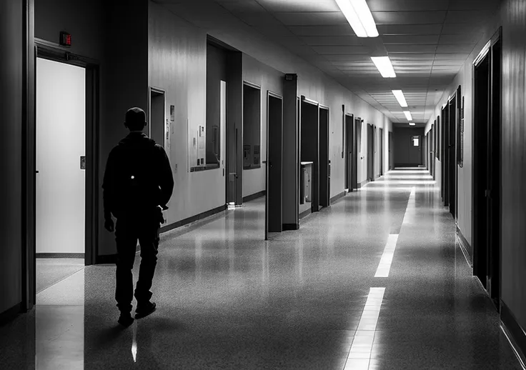 "An empty college hallway with faint whispers and footsteps echoing. Alex, eyes wide with fear, looks towards the door of the classroom. Shadows dart across