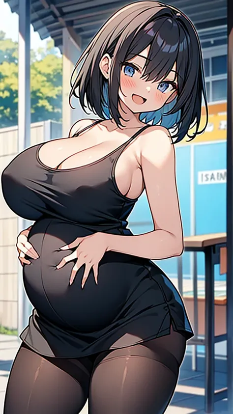 anime gravure,hyper cute 17yo sporty girl,
black hair,short hair,(huge breasts),slender body,
black camisole,black micro miniskirt,black pantyhose,
open mouth smile,(great thigh),pregnant,happy,