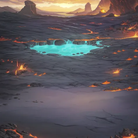 concept art, horizontal scene, horizon composition, there are no humans, sight, cave, rock, volcanic area, lava