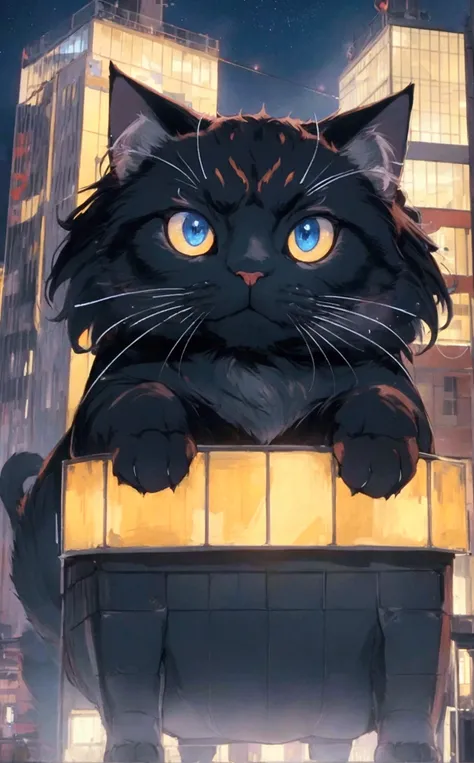 score_9,(best quality,4k,8k,highres,masterpiece:1.2),a ultra-gigantic cat sits on a building, crowd, city, from below, cinematic angle, anime, ultra-detailed,vivid colors,