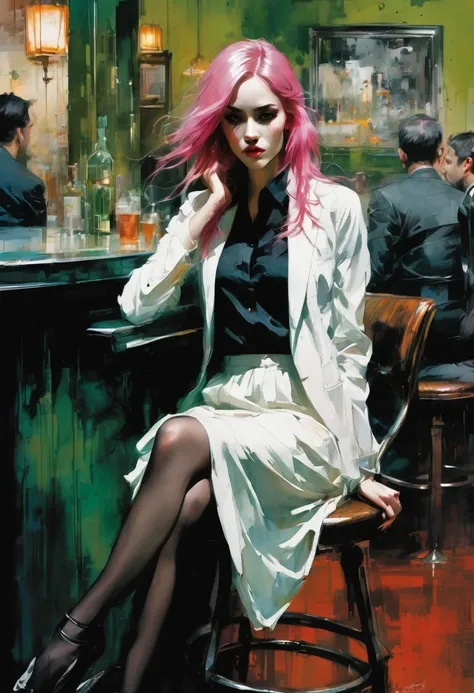 Beautiful girl with fair skin, long green and pink hair, wearing a white shirt, black skirt, black jartier, stiletto heel shoes, sits with her legs open on a table in a small room, with influence of jeremy mann, style of jeremy mann, jeremy mann art, in a ...