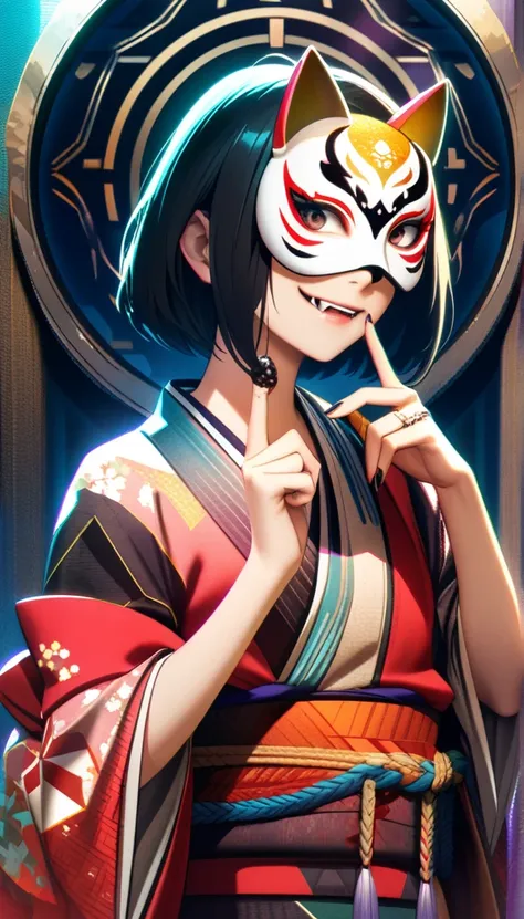 32k, best quality, ultra high res, HDR, UHD, extremely detailed CG, unity 32k wallpaper, a colorful Japanese animation style of a woman with short hair holding a half-removed cat mask in her hand. The skull mask is golden and designed to cover the upper ha...