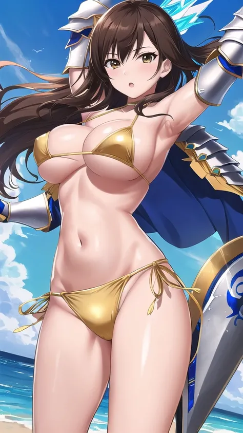 Art inspired by Masamune Shirow,  Armor Girl, Bikini Armor, Bikini Armor, Bikini Armor female knight, Bikini Armor, tits, Knight Girl, tits、Intense movement,topless, White thighs,Vertical belly button、Skin radiance,Brown hair