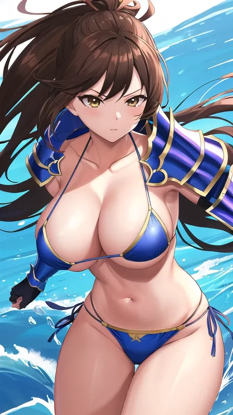 Art inspired by Masamune Shirow,  Armor Girl, Bikini Armor, Bikini Armor, Bikini Armor female knight, Bikini Armor, tits, Knight Girl, tits、Intense movement,topless, White thighs,Vertical belly button、Skin radiance,Brown hair