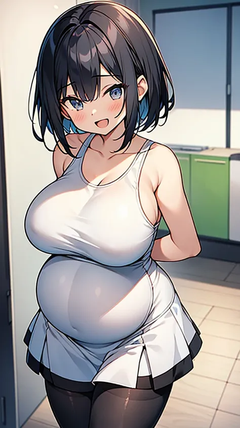 anime gravure,hyper cute 17yo sporty girl,
black hair,short hair,(huge breasts),slender body,
white camisole,black micro miniskirt,black pantyhose,
open mouth smile,(great thigh),pregnant,happy,